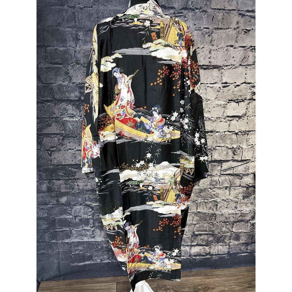 Oriental Bazaar Kimono Robe Womens XL Black Cotton Belted Floral Scenic Print - Picture 4 of 14